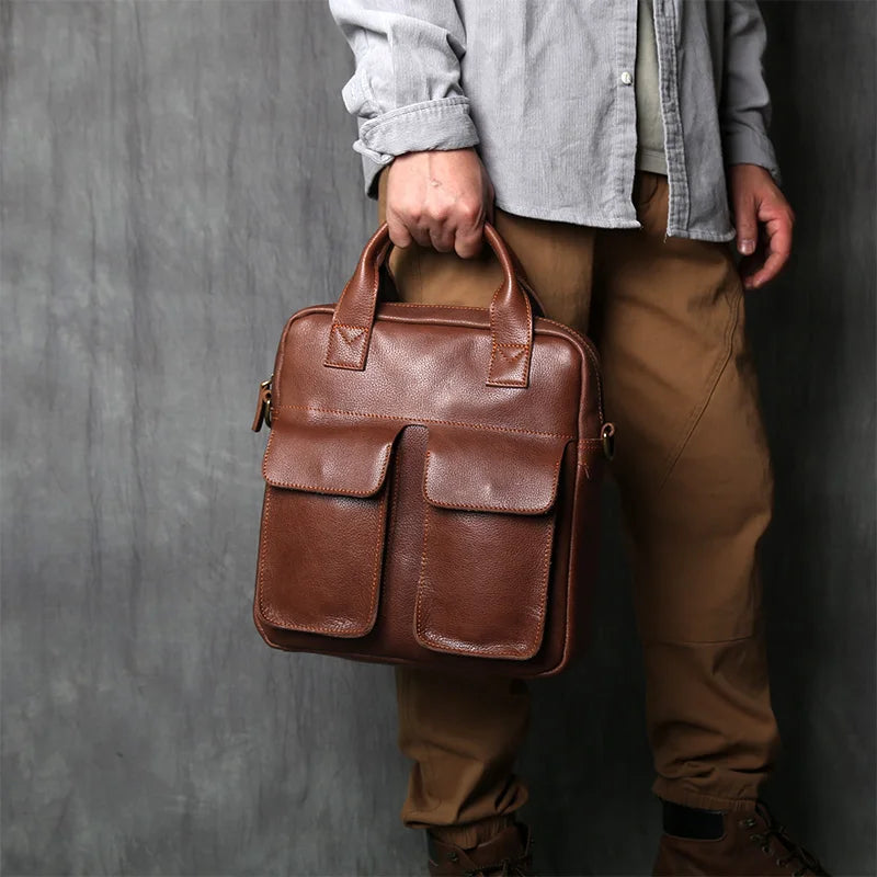NZPJ New Retro Leather Men's Handbag Top Layer Cowhide Vertical Single Shoulder Messenger Bag Postman Briefcase Computer Bag