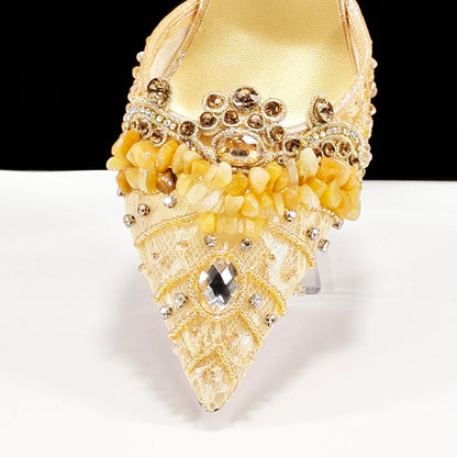 Queena Yan Elegant Mature Style Colorful Rhinestone Decoration Design Gold Party Wedding Pointed Toe Lady High Heels and Bag Set