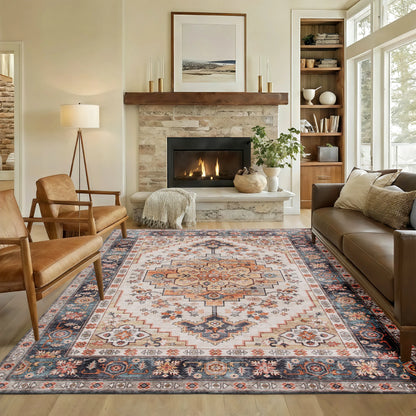 Machine Washable Area Rug, 4'x6' Vintage Oriental Medallion Distressed Rugs Soft Printed Floor Mat, Tawny Brown