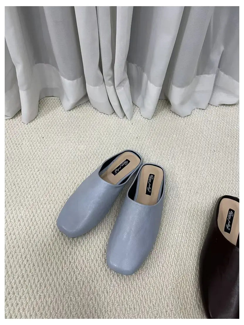 Fashion Square Toe Flat Slippers Women Casual Slip On Mule Luxury Brand Outsides Slides Elegant Pleated Ladies Shoes Sandal Flip