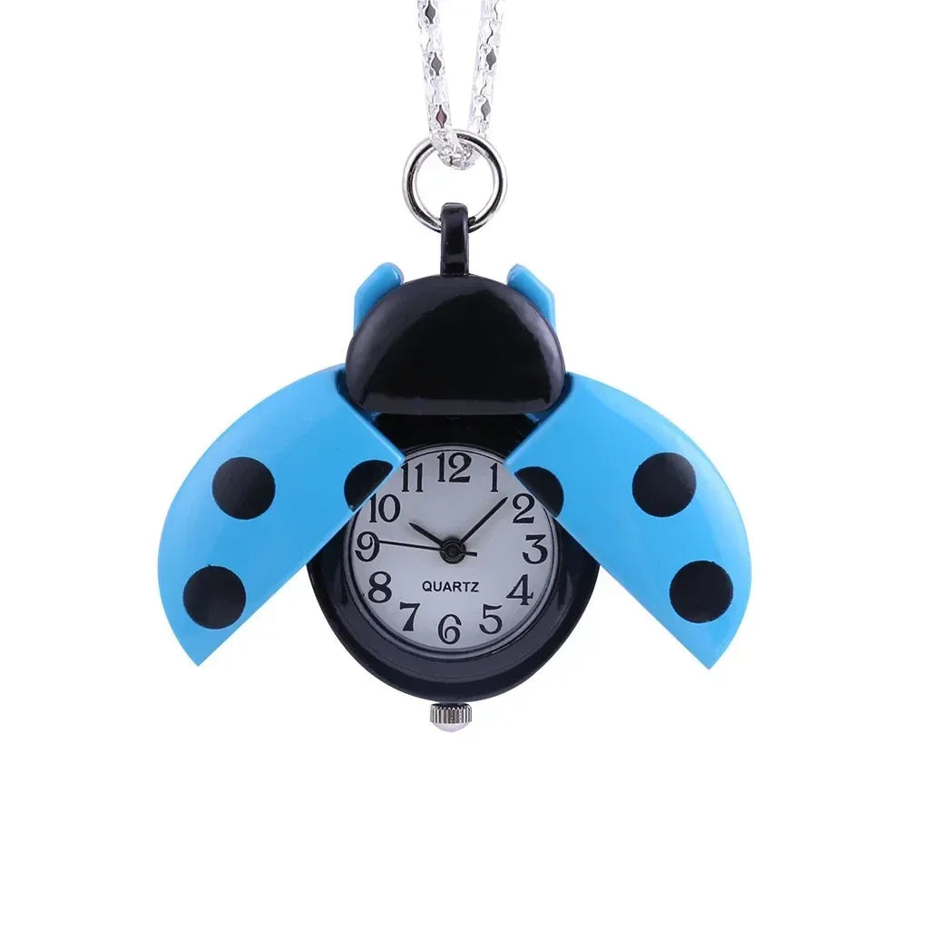 Fashion Small Golden Beetle Pocket Watchs, Cute New Adult Children Ladybug Watch,with Chain Lightweight Necklace Pendant Clock