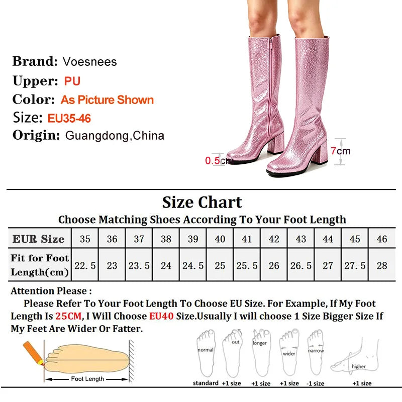 7CM Block Heel Pink Glitter Knee High Boots Women Square Toe Side Zipper Fashion Long Shoes Party Nightclub Long Pipe Booties