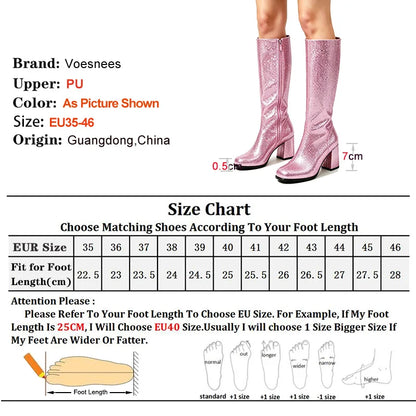 7CM Block Heel Pink Glitter Knee High Boots Women Square Toe Side Zipper Fashion Long Shoes Party Nightclub Long Pipe Booties