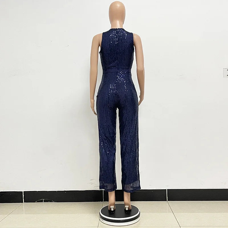 Bling Bling Sequined Club Jumpsuit Sexy Women O-neck Elegant Shiny Sliver Gold Sequins Straight Romper Overalls