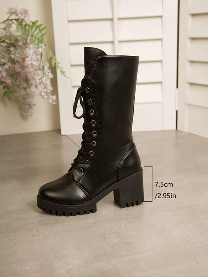Autumn Women's Mid Calf Boots Chunky Heel Round Toe Platform Boots Black Leather Side Zip Botas Mujer Large Size 35-43 Fashion