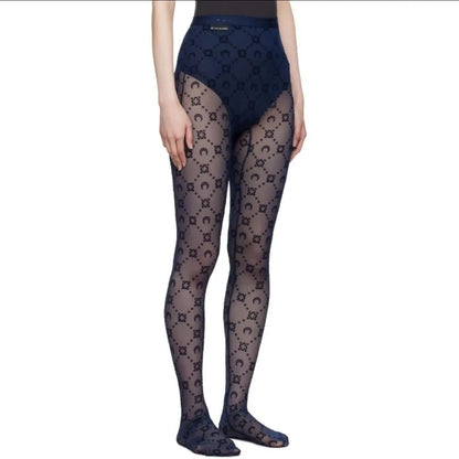 High Waist Pants Women Street Wear Elastic Slimming Tight Thin Socks Autumn Fashion Solid Color Moon Perspective Mesh Plush