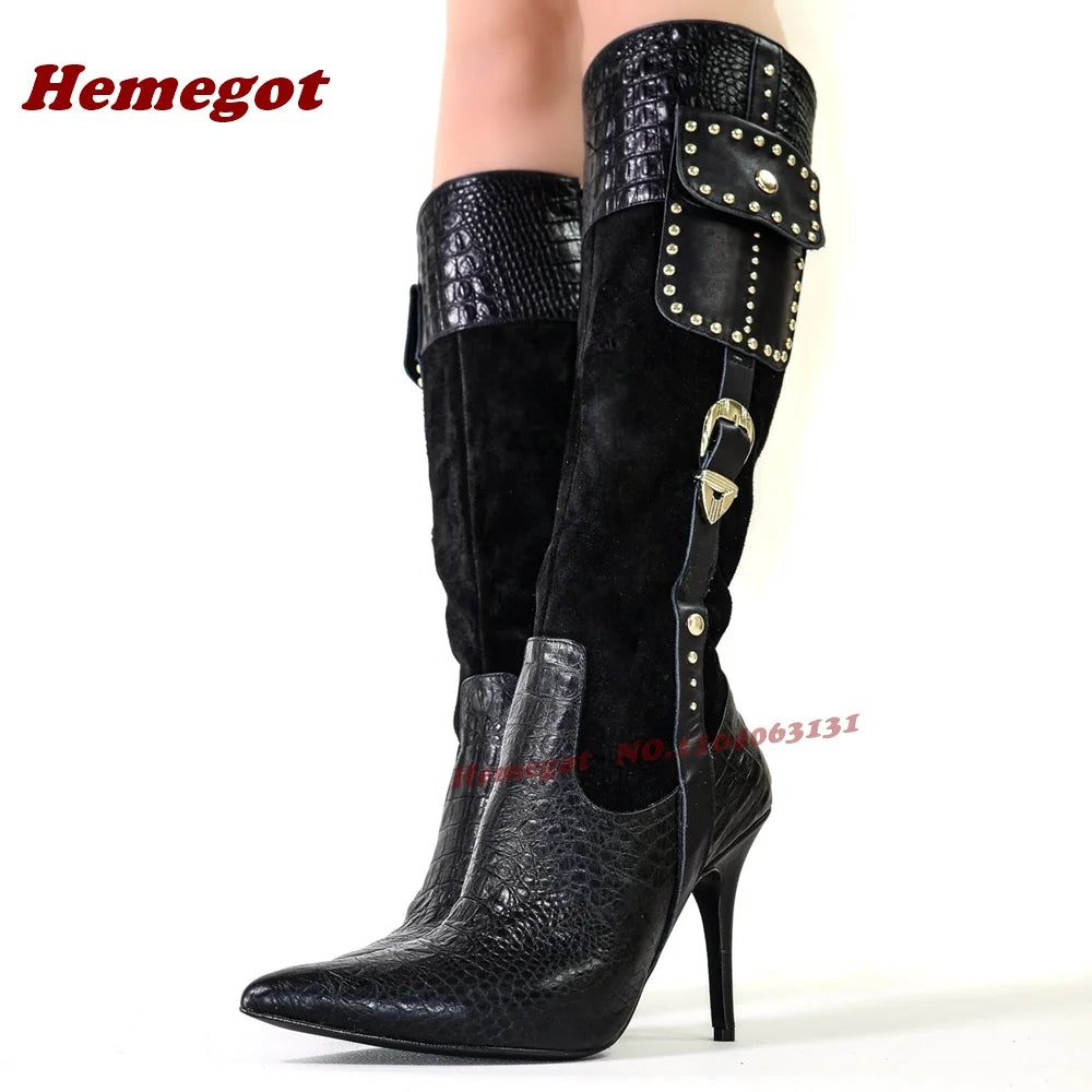 Croc-Pattern Patchwork Knee High Boots Rivet Pocket Stiletto Heels Women's Long Boots Buckled Splicing Casual Shoes 2026 New