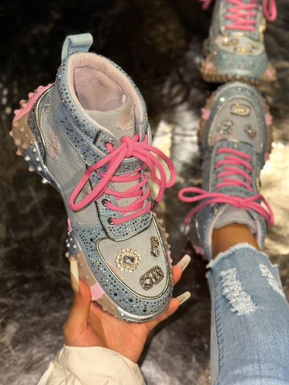 Women Rhinestone Casual Luxury Sneakers Diamond High-Top Designer Boots Thick Bottom Shoes Female Tennis Outdoors Walking Shoes