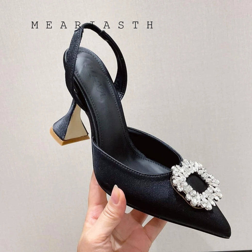 Brand Silk Women Pumps Luxury Crystal Slingback High Heels Summer Bride Shoes Comfortable triangle Heeled Party Wedding Shoes
