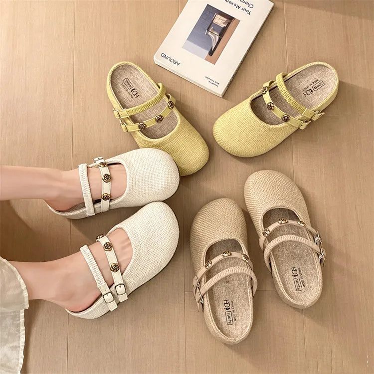 Women's Woven Mary Jane Mules Flat Round Toe Slip-On Shoes with Buckle Straps and Rose Hardware Casual Balletcore Summer Sandals