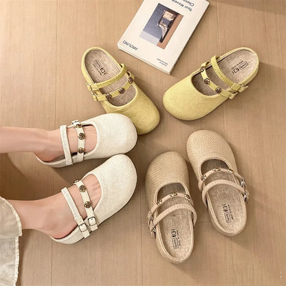 Women's Woven Mary Jane Mules Flat Round Toe Slip-On Shoes with Buckle Straps and Rose Hardware Casual Balletcore Summer Sandals