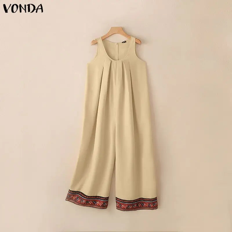 Plus Size VONDA 2026 Women Jumpsuits Sleeveless Patchwork Party Rompers Summer Beach Overalls Loose Bohemian Wide Leg Bottoms