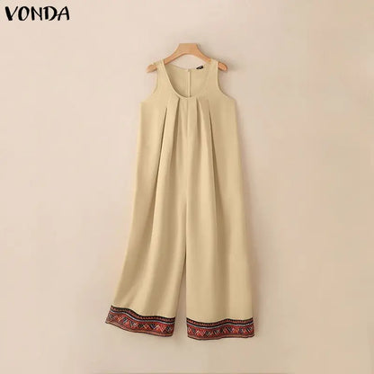 Plus Size VONDA 2026 Women Jumpsuits Sleeveless Patchwork Party Rompers Summer Beach Overalls Loose Bohemian Wide Leg Bottoms