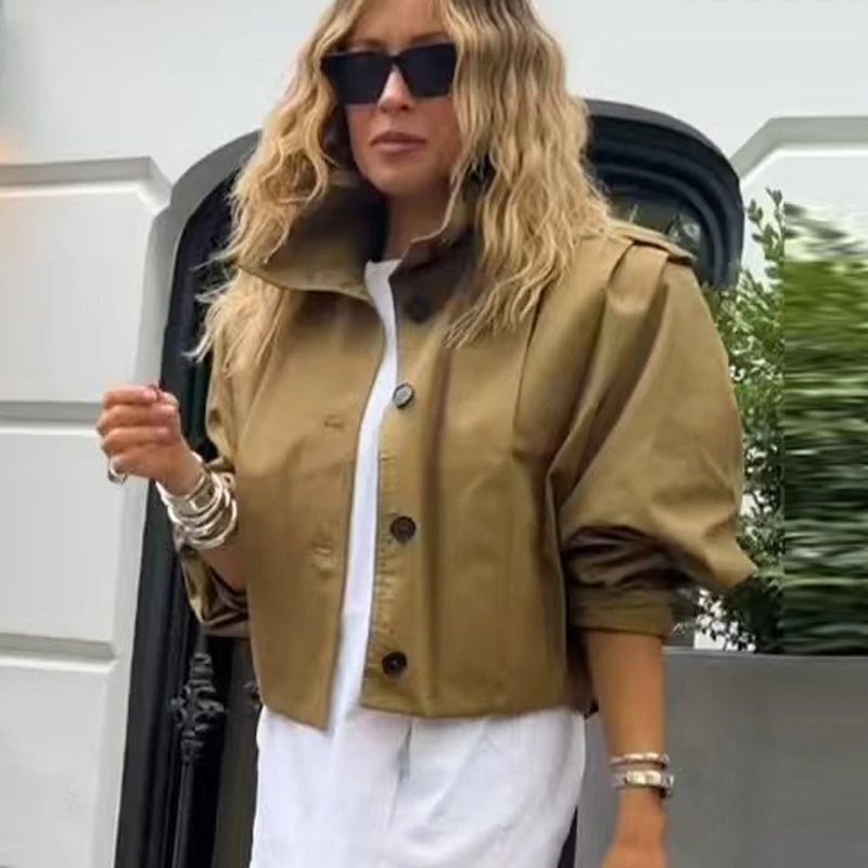 HXAO Women's Jackets Brown Pleated Jacket Spring Summer 2025 Cropped Bomber Button Long Sleeve Coats Outerwears Aviator Jackets