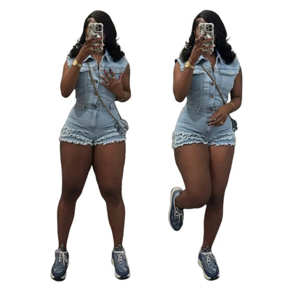 Tassel Denim Casual Playsuit Sexy Women Turn Down Collar Elegant  Jeans Club Party Overalls Romper