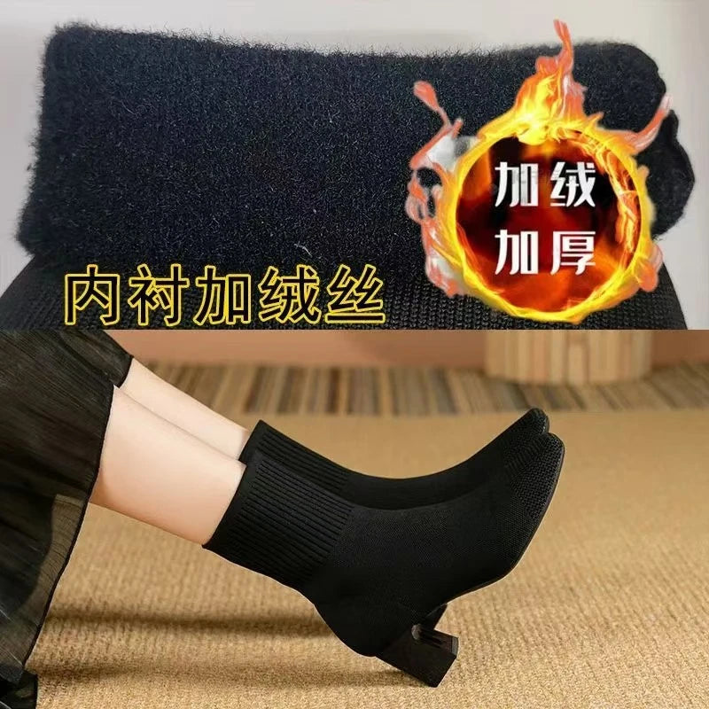 Black Square Toe Knit Sock Boots Elastic Slim Thick Block Heel High Heels Short Boots Fashion Autumn Casual Skinny Ankle Boots