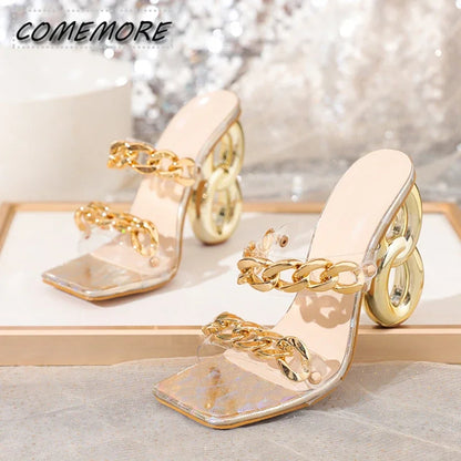 New Style Luxury Fashion Strange Fretwork Heels Slippers PVC Transparent Shoes Women's Slides Fashion Metal Chain Summer Sandals