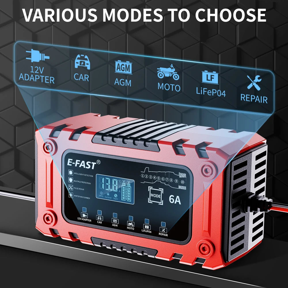 Smart 12V 6A Battery Charger For AGM LiFePO4 Cars Motorcycles Lawn Mowers