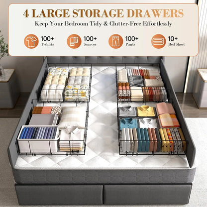 Queen Upholstered Bed Frame 4 Storage Drawers LED Lights USB Charging Headboard, Custom