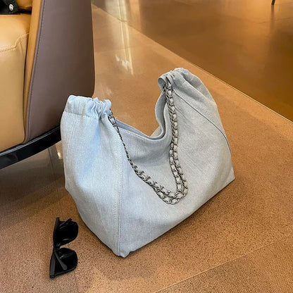 Chic Style Big Chain Shoulder Tote Bags For Women 2023 Luxury Designer Handbags Denim Fabric Pure Color Large Capacity Shoppers