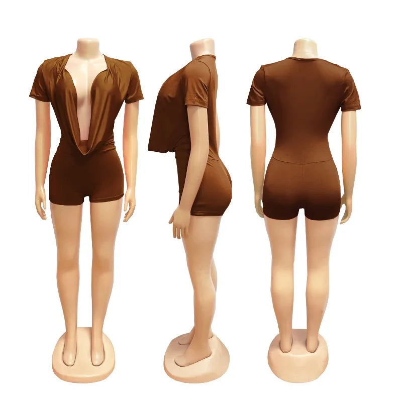 Sexy Deep V-neck Solid Bodycon Romper for Woman Jumpsuits Short Sleeve Skinny One Pieces Playsuit Club Party Combishort Femme