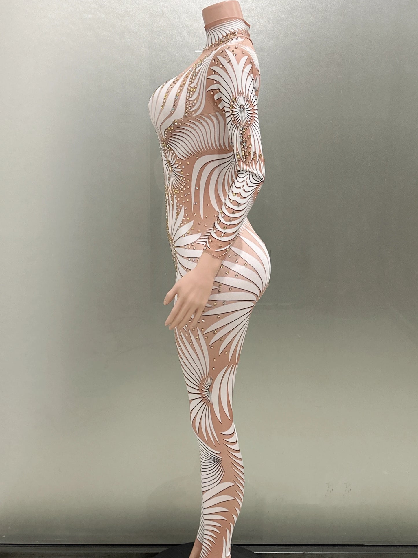 White Printing Shinning Diamonds Sexy Elastic Sheath Long Jumpsuit Evening Party Performance Bar DJ Nightclub Singer Stage Wear