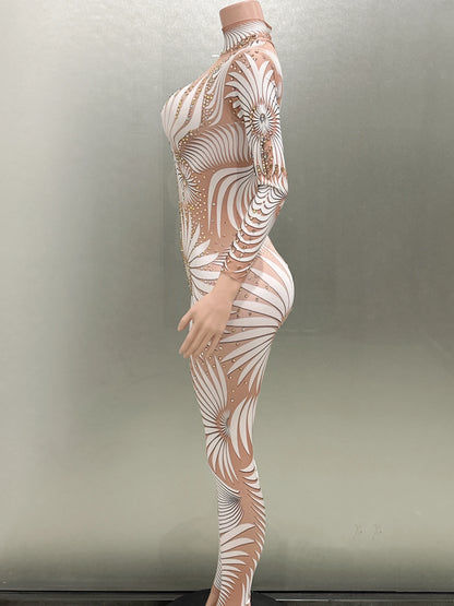 White Printing Shinning Diamonds Sexy Elastic Sheath Long Jumpsuit Evening Party Performance Bar DJ Nightclub Singer Stage Wear