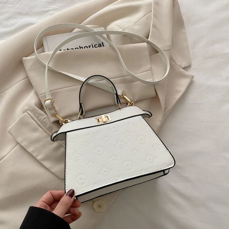 Fashion Embossed Top Handle Bags for Women,Metal Turn Lock Handbag, Adjustable Crossbody Strap,versatile Purse for Daily Outings