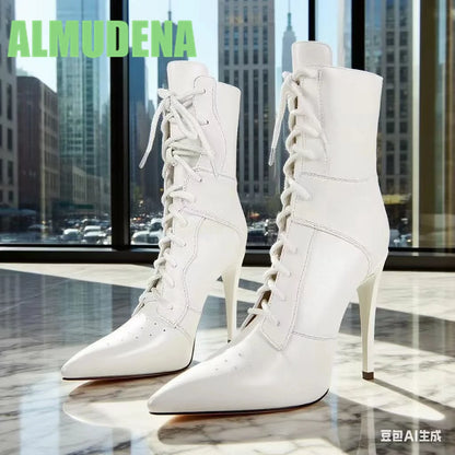 Front Lace Up Sports Style Short Boots Stylish  Sexy Pointed White Leather Patchwork Design British Style Slim High Heels