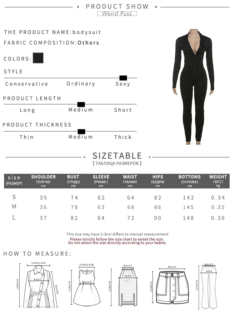 Weird Puss Fitness Jumpsuit Women Zip Skinny Long Full Activity Casual Sporty Solid Street Workout Simple Classic Tight Overalls