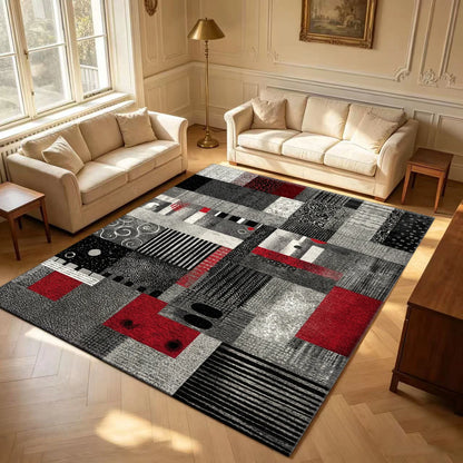 Black Grey Red Patchwork Collage Art Carpet Flooring Modern Mixed Pattern Large Area Rug for Living Space Home Decor