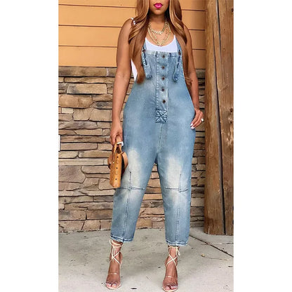 Women One Piece Jumpsuits Denim Pants Overalls Sleeveless Straight Trousers Spliced Rompers Casual Office Ladies Autumn
