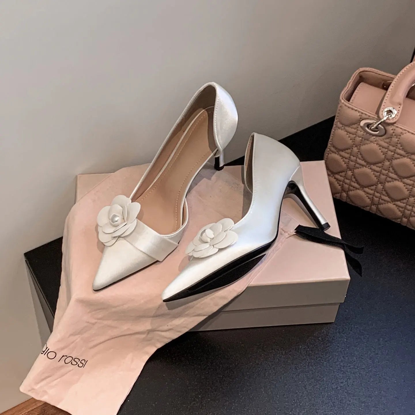 Two Piece High Heel Women's Shoes with Silk Satin Flower Decoration Women's High Heel Sandals Luxury Designer Women's Shoes