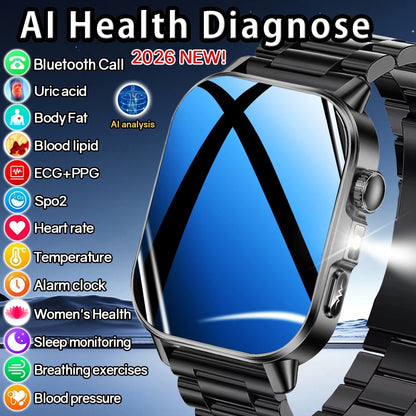 2026 New Professional-Grade Health Smart Watch Men ECG BP HR Uric Acid Lipid BMI Body Analysis Bluetooth Call Smartwatch Women