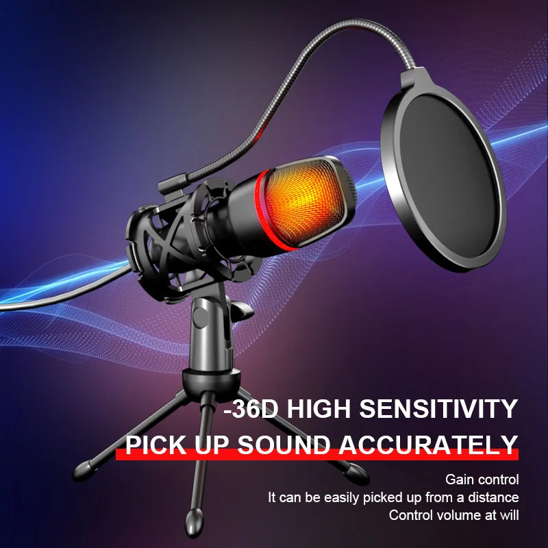Computer Condenser Microphone Professional For PC Laptop USB Wired Streaming Sound Live Podcast RGB Record Gaming Accessories