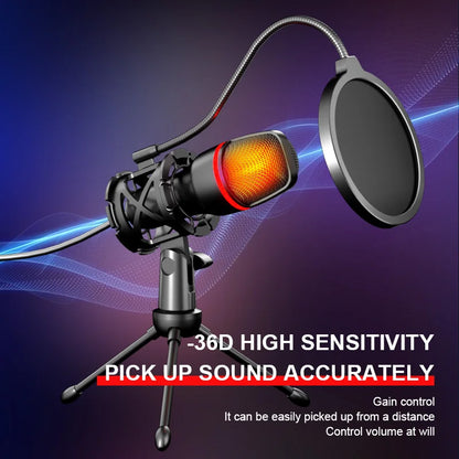 Computer Condenser Microphone Professional For PC Laptop USB Wired Streaming Sound Live Podcast RGB Record Gaming Accessories