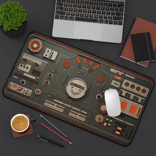 Retro Spaceship Control Panel Deskmat XXL Mousepad,Non-Slip Sci-Fi Gaming Mouse Pads, Vintage Orange and Grey Desktop Decoration