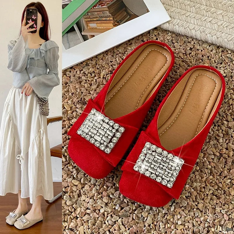 Women's Flat Shoes Korean Style Square Toe Moccasins Ladies Footwear 2025 Trend Young Summer Chic and Elegant Luxury Brand