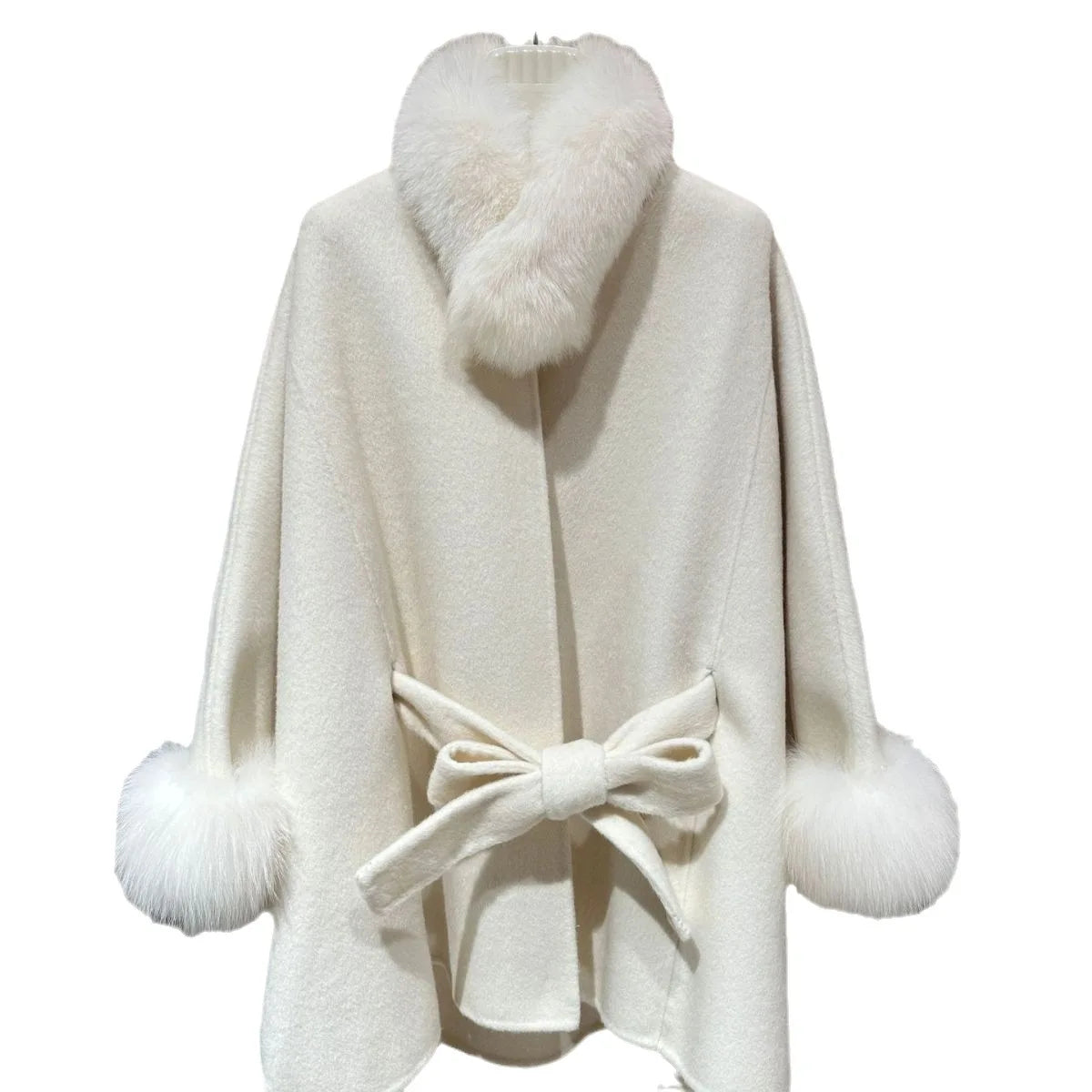 Real Fox Fur Overcoat Bat Sleeves Collar Woolen Coat Luxury Cashmere Poncho Blend Women Autumn Winter New Long Ribbon Cloak