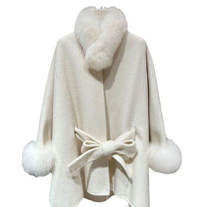 Real Fox Fur Overcoat Bat Sleeves Collar Woolen Coat Luxury Cashmere Poncho Blend Women Autumn Winter New Long Ribbon Cloak