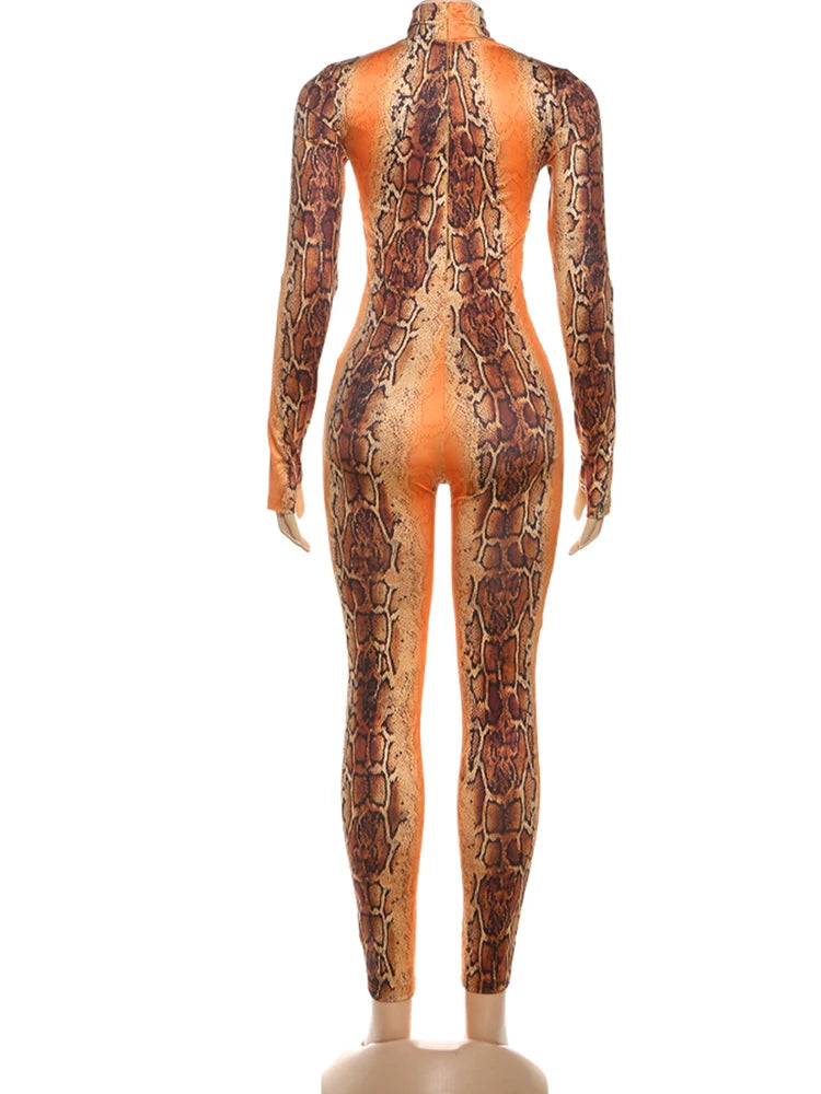 Nibber Peach Hip Jumpsuits Woman Sexy Hollow Serpentine Print o-Neck Full Sleeve Skinny Midnight Club Party Coquette Overalls