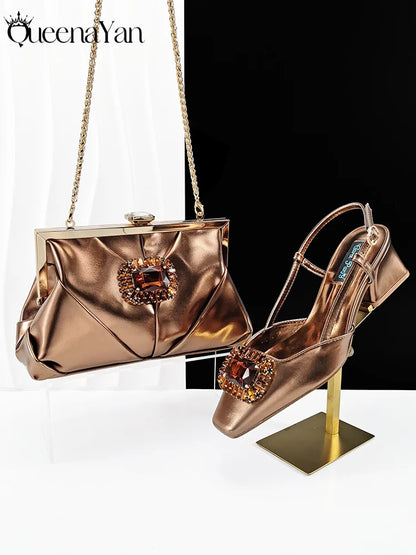 Queena Yan 2025 Nigerian Banquet Shoes and Bag Set Fashion Ladies Matching Shoes and Bag High Heels Wedding Party Coffee Color