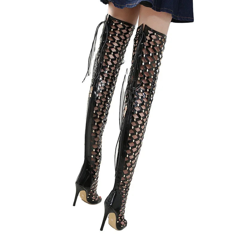 Sexy Rivet Hollow Super High Heels Shoes Women's Steel Pole Dance Over the Knee Boots Women Summer Mesh Peep Toe Sandals