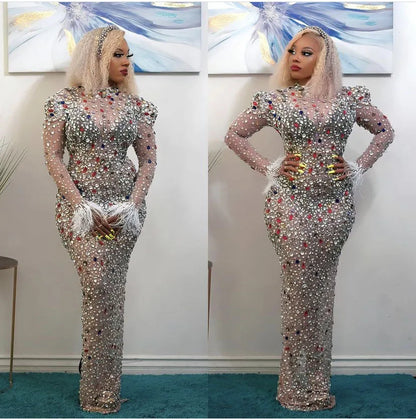 Long-Sleeved Sparkling Rhinestone Long Dress Celebrates Birthday Luxurious Party Dress Wedding Dress Formal Party Dress