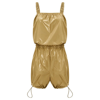 Womens Glossy Waterproof Diaper Cover Sling Bodysuit Waistband Drawstring Legs One-piece Cami Rompers Adaptive Short Jumpsuit