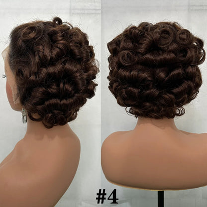 100% Human Hair Glueless Wigs 8" Short Loose Curly Glueless Pixie Cut 180% Density Brazilian Virgin Hair 13x4 Lace Frontal Wigs