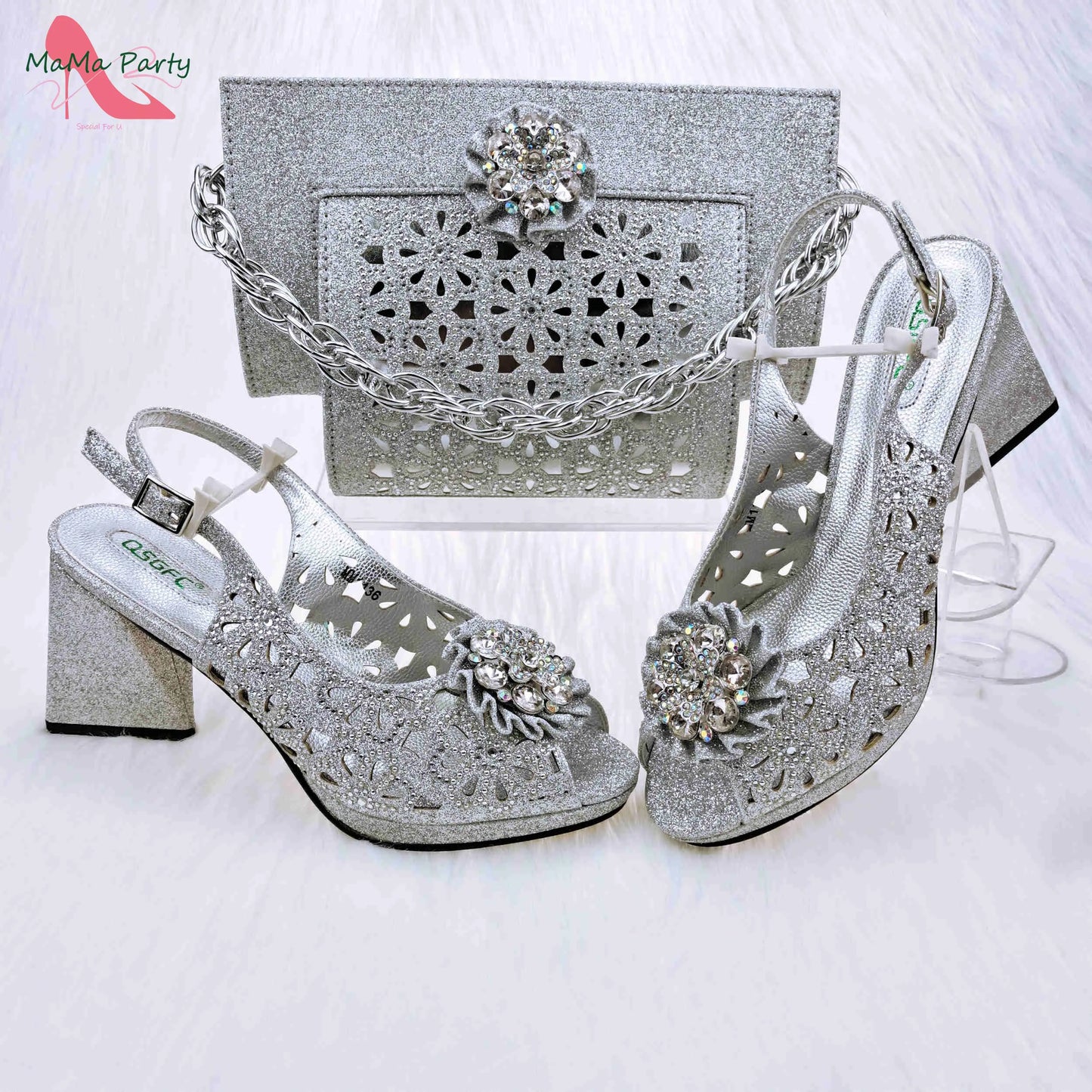 Mature Style Women Shoes and Bags Set 2023 Spring New Design Rose Gold Color Italian Sandals with Shinning Crystal for Party