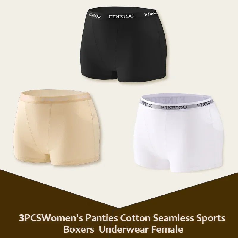 3Pcs Women's Cotton Boxers Panties Seamless Sports Underwear Female Solid Color Briefs Lingerie Intimate Underpant Finetoo S-XXL