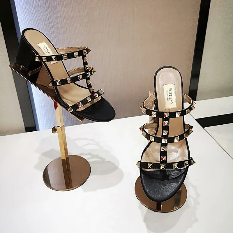 Women's Sandals Gladiator Summer With Heels Real Leather Rivets Luxury Brand High-heeled slippers Designer Silver Ladies Shoes
