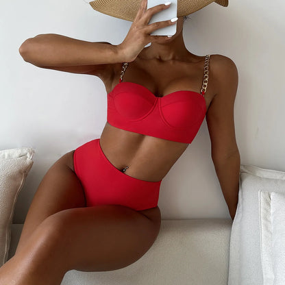 Push Up Bikini Hard Wrap Top Underwire Chain Shoulder Straps High Waist Bottom Swimwear Women Solid Swimming Beach Bathing Suit